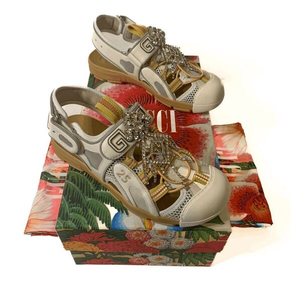 Gucci Fabric Mesh Tinsel Platform Embellished Dad Sandal EU 37 US 7 Velcro Strap - Picture 1 of 12
